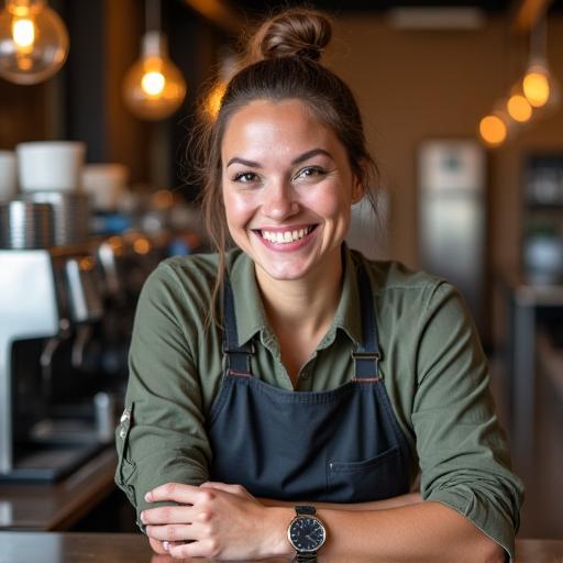 Owner of The Daily Grind smiling behind the counter