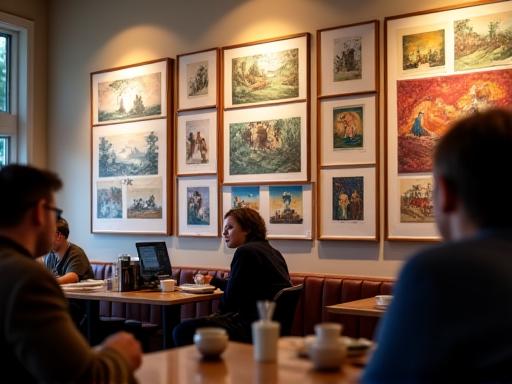 Artworks from a local artist hanging on the cafe wall.