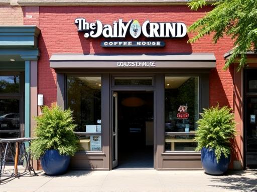 The exterior of The Daily Grind Coffee House on a sunny day.