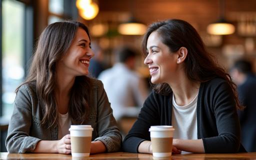 Two customers laughing and enjoying coffee at a table.