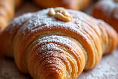 A close-up shot of a flaky almond croissant.